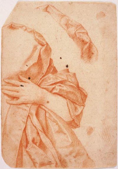 Draperiestudie voor de linkerhelft van een vrouwelijke halffiguur en een herhaling van het draperie rond haar nek door Carlo Dolci