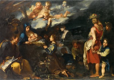 Aanbidding van het kind met Sint Lucas, c.1700 door Carlo Donelli