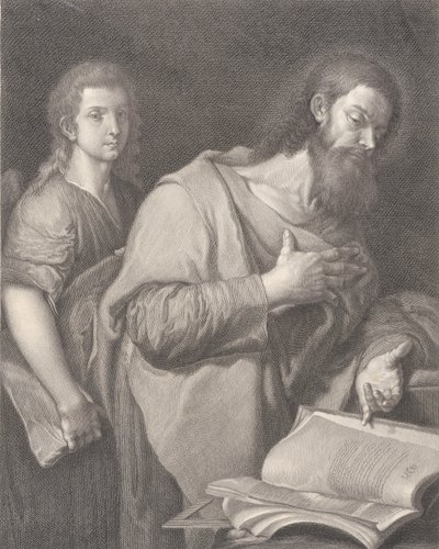Sint Mattheüs, staand voor een boek rechts met een hand op zijn borst, een andere man be..., 1750-84 door Carlo Faucci