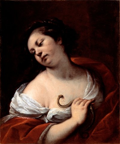 De zelfmoord van Cleopatra De koningin van Egypte Cleopatra VII Thea Philopator (69-30 v.Chr.) pleegt zelfmoord door gebeten te worden door een adder (zelfmoord van Cleopatra) Schilderij door Carlo Francesco Nuvolone (ca. 1609-1662) door Carlo Francesco Nuvolone