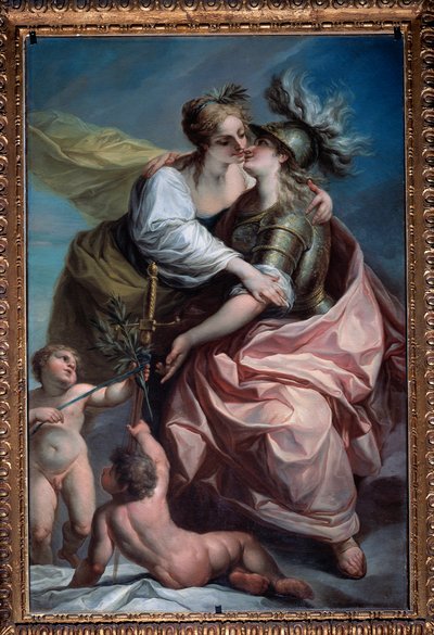Allegorie van de dertien waarden van de republiek: de Vrede omarmt de Gerechtigheid door Carlo Giuseppe Ratti