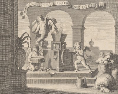 Zij verzamelt de mooiste bloem Il più bel fior ne coglie, een groep van zes putti aan het werk..., 1740-59 door Carlo Gregori