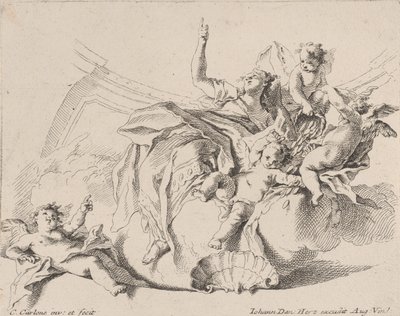 Rijkdom, vertegenwoordigd door een vrouw zittend op wolken en omringd door putti, een van hen is..., 1725-75 door Carlo Innocenzo Carloni