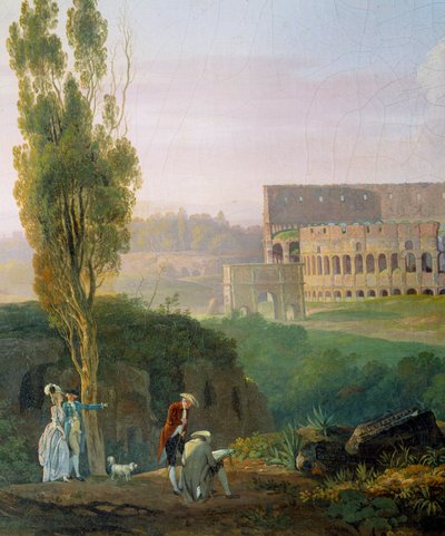 Groep personages, man tekent voor de ruïnes van het Colosseum door Carlo Labruzzi