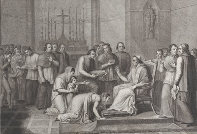 Een vrouw knielt om de voet van Paus Pius VII te kussen, met een menigte achter haar links, 1814-50 door Carlo Lasinio