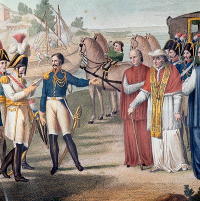 Paus Pius VII (Pio) (1742-1823) werd gearresteerd bij zijn terugkeer naar Italië door het Oostenrijks-Neapolitaanse leger nabij Parma op 25 maart 1814 - Gravure door Carlo Lasinio (1759-1838) - Kleur lithografie door Carlo Lasinio