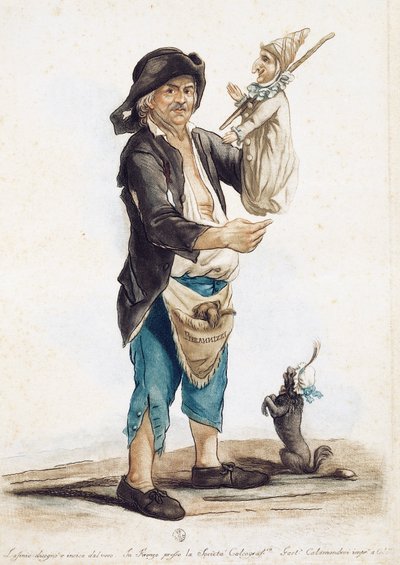 Poppenkastspeler Pierannizzi, tekening en gekleurde gravure door Carlo Lasinio (1759-1838), Italië door Carlo Lasinio