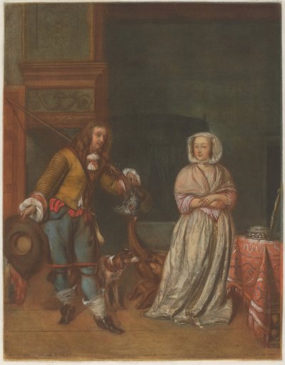 Jager bezoekt een dame door Carlo Lasinio after Gabriel Metsu