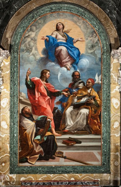 Onbevlekte Ontvangenis en Sint Jan de Evangelist, Sint Gregorius de Grote, Sint Jan Chrysostomus en Sint Augustinus door Carlo Maratta or Maratti
