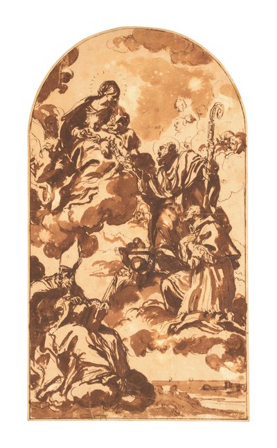 De Madonna en kind verschijnen aan de heiligen Ambrosius, Franciscus van Sales en Nicolaas van Bari door Carlo Maratta or Maratti