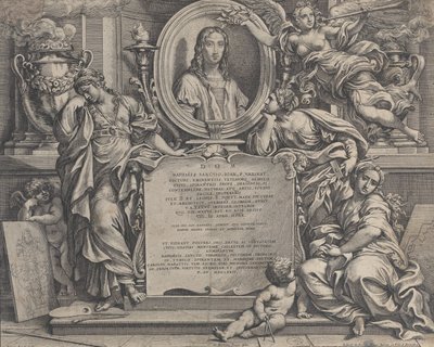 Frontispice met ovaal portret van Raphael, met drie allegorische figuren van de Kunsten, 1675 door Carlo Maratti
