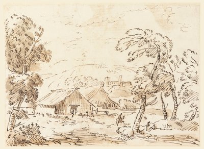 Tekening, Een boerenwoning en een kasteel in een bergachtig landschap, 1762-1786 door Carlo Marchionni