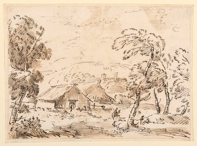 Tekening, Een boerenwoning en een kasteel in een bergachtig landschap, 1762-1786 door Carlo Marchionni