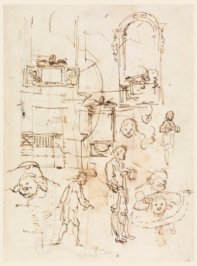 Tekening, Architecturale en Figurale Schetsen, ca. 1760 door Carlo Marchionni