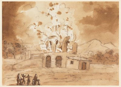 Tekening, Landschap met een brandende toren door Carlo Marchionni