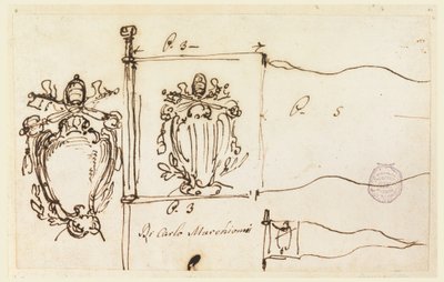 Tekening, Drie schetsen voor een standaard van paus Benedictus XIV, 1740-58 door Carlo Marchionni