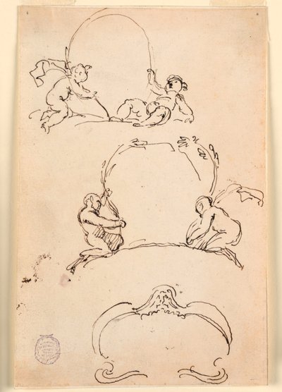 Tekening, Drie schetsen van cartouches, voor 1775 door Carlo Marchionni