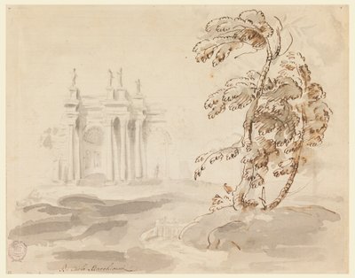 Tekening, Boom in landschap met gebouw, 1756-78 door Carlo Marchionni