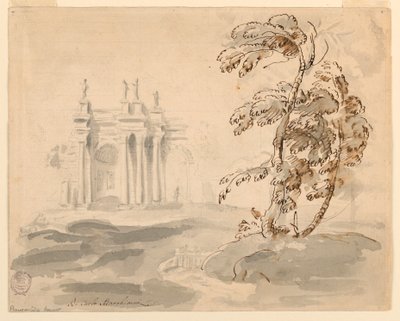 Tekening, Boom in landschap met gebouw, 1756-78 door Carlo Marchionni