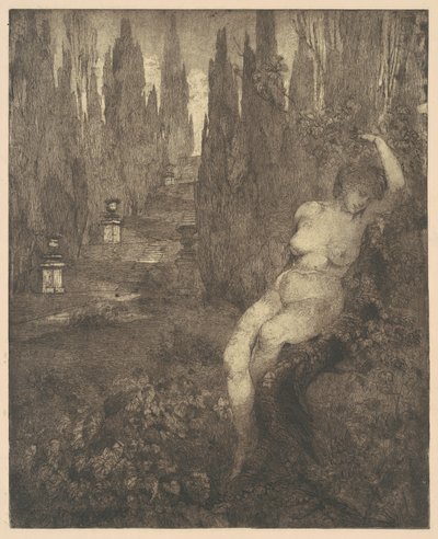 Donna ignuda addormentata nel parco [Naakte vrouw slapend in het park], 1890s door Carlo Paolo Agazzi
