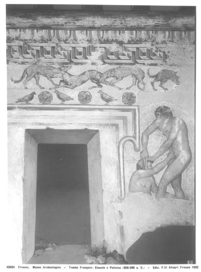 Marce Camitlnas en Cneve Tarchunies Rumach, reconstructie van de Etruskische muurschildering in het Francois-graf in Vulci door Carlo Ruspi