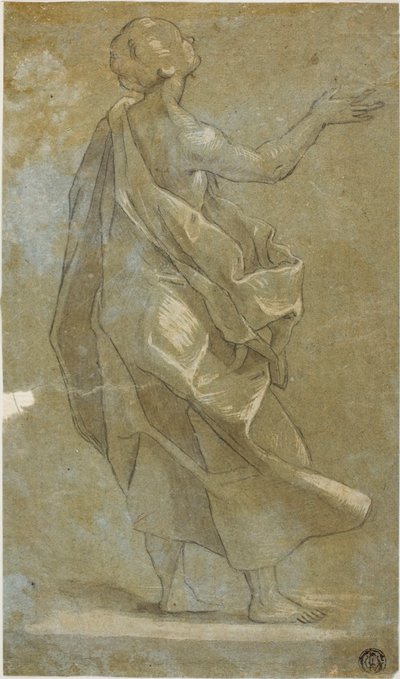 Staande gedrapeerde mannelijke figuur met opgeheven rechterarm door Carlo Urbino