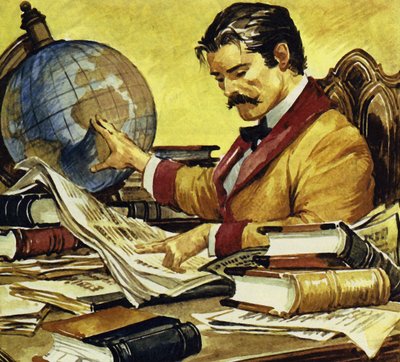 Schweitzer las dat er een tekort was aan arbeiders in Congo (kleurenlitho) door Carlos Gabriel Roume
