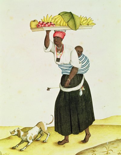 Een vrouw die een schaal met fruit op haar hoofd draagt door Carlos Juliao