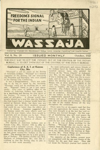 Uitgave van Wassaja, Vol. 8, No. 20, oktober 1922 door Carlos Montezuma