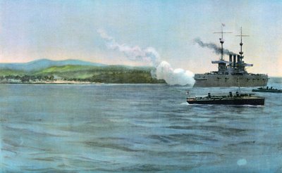 Vlaggenschip van admiraal Sampson, de Amerikaanse gepantserde kruiser New York, vuurt op een kustwacht van Spaanse cavalerie, bij Cabanas, 29 april 1898 door Carlton Theodore Chapman