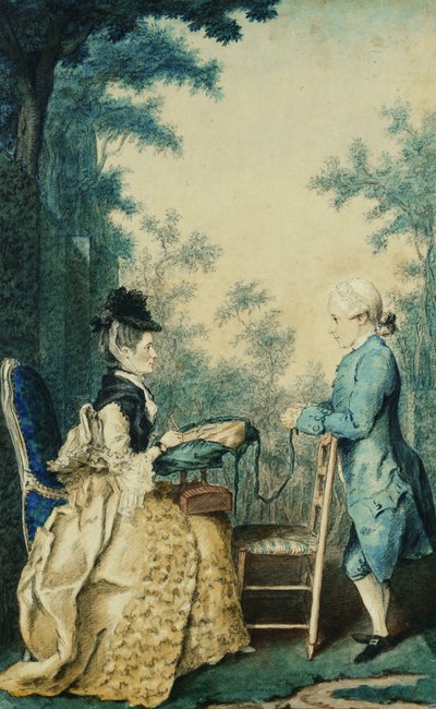Een dame zittend op een terras, bordurend op een tamboer, met een jongetje voor haar door Carmontelle