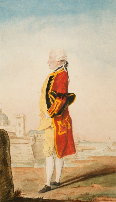 Kolonel Morrison mogelijk in het uniform van de Royal Engineers, een versterkte stad op de achtergrond, 1768 door Carmontelle