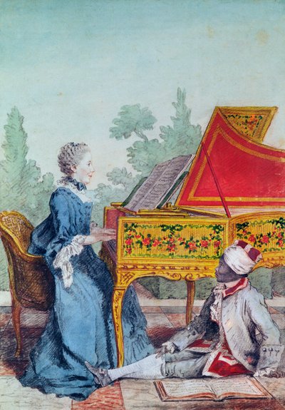 Portret van juffrouw Desgots van Saint-Domingue met haar slaaf Laurent door Carmontelle