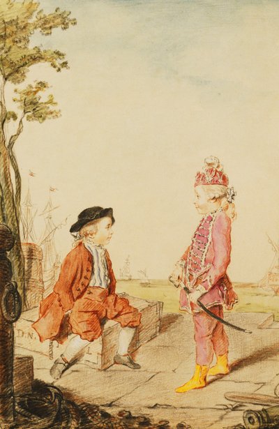 De twee jeugdige broers de Neuville, op een kade, 1767 door Carmontelle