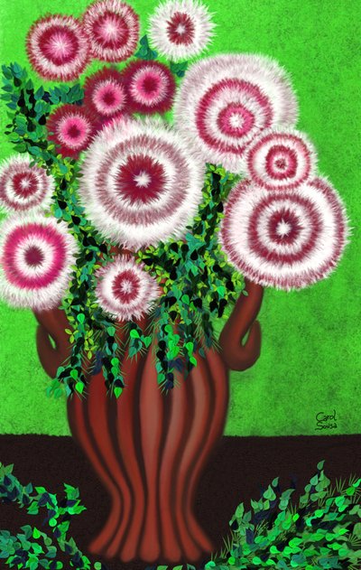 Bruine vaas met fantasiewilde bloemen door Carol Sousa Cuello