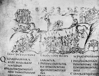 Illustratie van verschillende scènes uit een van de Psalmen, uit de Utrechtse Psalter, kopie van het origineel uit Reims nu in de Universiteitsbibliotheek Utrecht door Carolingian School