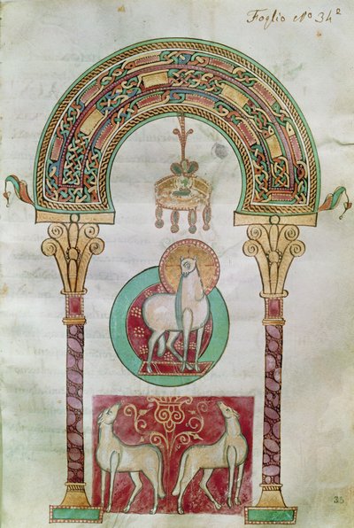 Ms CCII fol.35r Agnus Dei, illustratie van het Lam Gods uit Etymologiae door Isidorus van Sevilla door Carolingian School