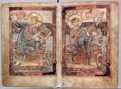 NAL 1203 fol.1v-2 St. Marcus en St. Lucas, uit de Godescale Evangelie, ca. 1781-783 door Carolingian School