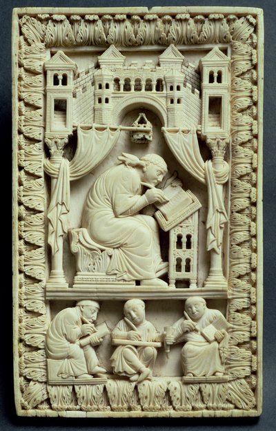 St. Gregorius schrijvend met schrijvers eronder, Franco-Duitse school, c.850-875 door Carolingian School
