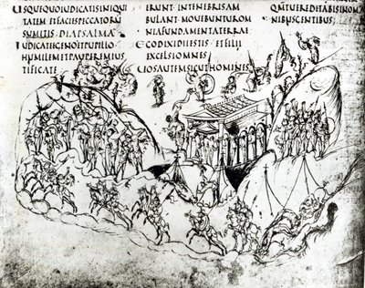 Verschillende scènes die een psalm illustreren, uit de Utrechtse Psalter, kopie van het origineel uit Reims nu in de Universiteitsbibliotheek Utrecht door Carolingian School