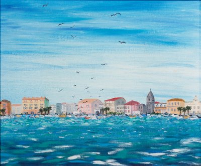 Zeegezicht met huizen, 1995 door Carolyn Hubbard Ford