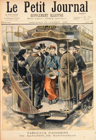 Een gerepatrieerde soldaat uit Madagaskar, gegraveerd door Fortune-Louis Meaulle (1844-1901) illustratie uit Le Petit Journal, 12 januari 1896 door Carrey