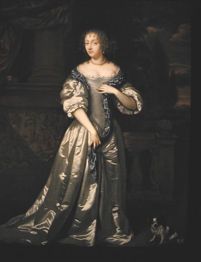 Portret van Lady Philippa Stanton en haar hond staand op een terras bij een gebeeldhouwd fries door Caspar (studio of) Netscher
