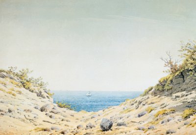 Uitzicht door een oeververzakking op de zee door Caspar David Friedrich