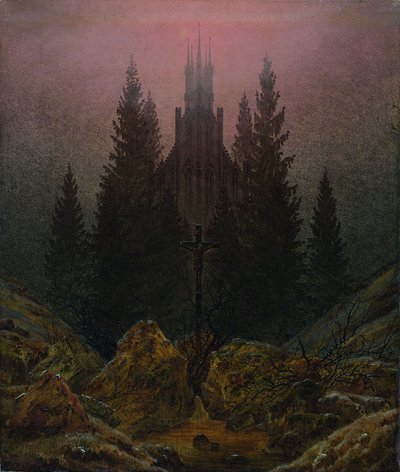 Kruis en kathedraal in de bergen door Caspar David Friedrich
