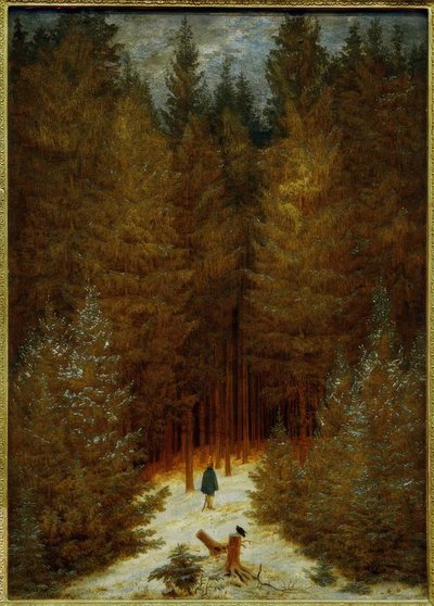 De jager in het bos (Een besneeuwd dennenbos, dennenwa) door Caspar David Friedrich