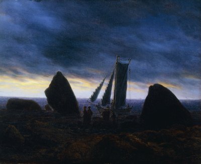 Vissersboot die Figuren op een Strand bij de Oostzee Passeert door Caspar David Friedrich