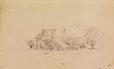 Kloosterruïnes van Eldena, met een huis met rieten dak en een kleine waterpartij door Caspar David Friedrich