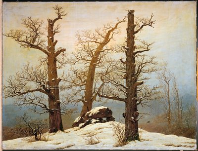 Megalithische cairn in de sneeuw (olieverf op doek) door Caspar David Friedrich