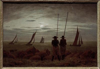 Maanlicht aan het strand met vissers door Caspar David Friedrich